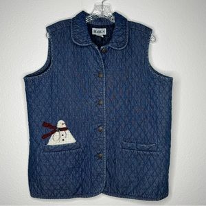 Haiks Vintage Embroidered Appliqué Snowman Quilted Denim‎ Vest Size XL